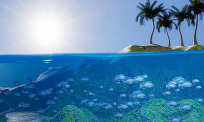 Fototapeta na wymiar A group of fish underwater. An island in the middle of the sea with coconut trees. A group of fish in the middle of the sea with mossy rocks The sky is sunny during the day. 3D Rendering