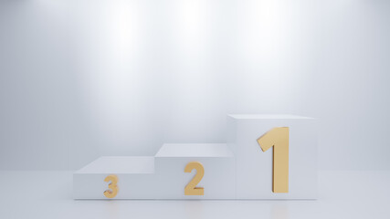 White podium sports awards, Empty winners pedestal with gold number first, second and third place, Win concept, Competition winners podium or pedestal 3d rendering illustration isolated on white.