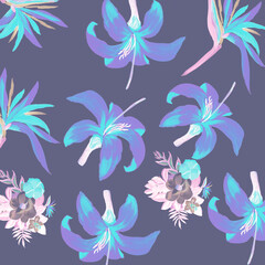 Navy Pattern Palm. Blue Tropical Textile. Violet Floral Vintage. Indigo Flora Exotic. Purple Decoration Vintage. Cobalt Wallpaper Texture. Coral Spring Hibiscus.