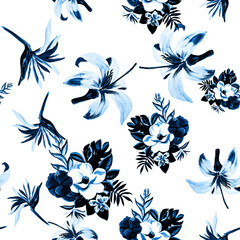 Gray Seamless Textile. Indigo Pattern Design. Cobalt Tropical Background. Navy Flower Art. Blue Watercolor Hibiscus. Decoration Plant. Azure Summer Foliage.