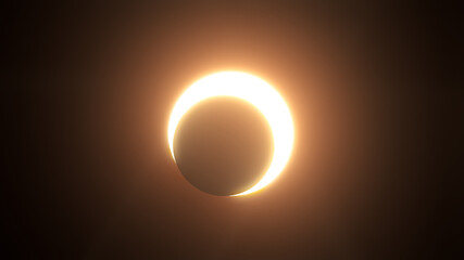 Annular Solar Eclipse — 3D illustration render moon crossing in front of the sun. Partial dark ring of fire in space and sky.