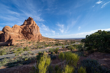 View of Arches National Park from the Garden of Eden viewpoint in the morning light hours