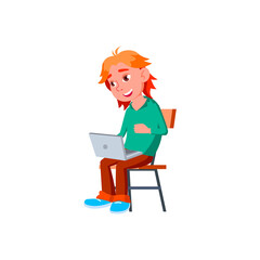 smiling boy play video game on laptop cartoon vector. smiling boy play video game on laptop character. isolated flat cartoon illustration