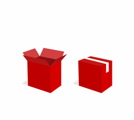 Opened red boxes of different colors isolated on white background. Delivery of cardboard boxes. Vector illustration