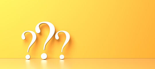 White question marks on yellow background with empty copy space on right side, FAQ Concept. 3D Rendering