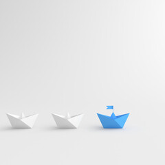 Leadership concept, blue leader boat leading white boats, on white background. 3D Rendering