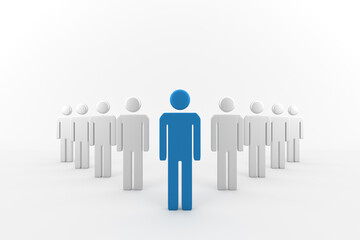 Leadership concept, blue leader man, standing out from the crowd, on white background. 3D Rendering