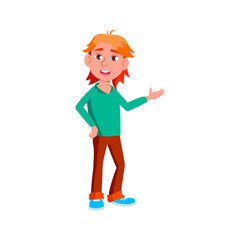 witty boy showing way to stranger cartoon vector. witty boy showing way to stranger character. isolated flat cartoon illustration