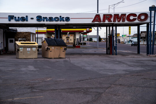 Gallup, New Mexico - May 18, 2021: Abandoned Armco gas station along Route 66, at sunrise