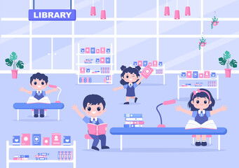 Library Contain Books On Shelf With Several People Reading, Standing, Sitting, or Walking. Flat Design Vector Illustration