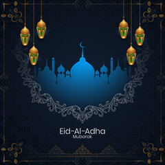 Golden lanterns Eid Al Adha mubarak mosque background