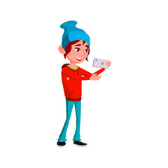 cool girl in hat taking selfie on cellphone cartoon vector. cool girl in hat taking selfie on cellphone character. isolated flat cartoon illustration
