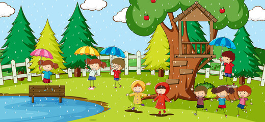 Park scene with many kids doodle cartoon character