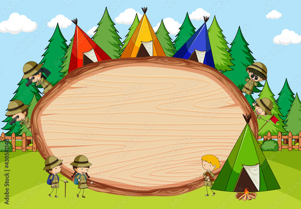 Wall mural camping scene with blank wooden board in oval shape with scout kids doodle cartoon character