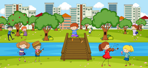 Scene with many kids doodle cartoon character in the park