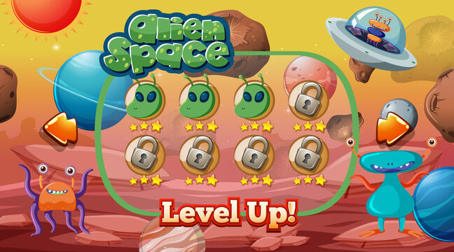 Level up screen game with alien and ufo theme template