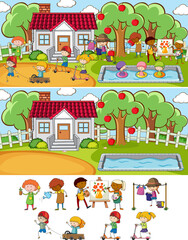 Set of different horizontal scenes background with doodle kids cartoon character
