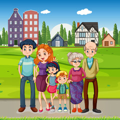 Obraz na płótnie Canvas Happy family standing outside on many houses background