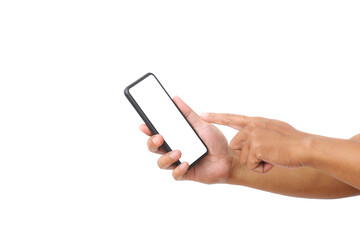 Man's hand holding the black smartphone with blank screen and modern frameless design. Isolated on white background.