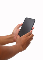 Man's hand holding the black smartphone with blank screen and modern frameless design. Isolated on white background.