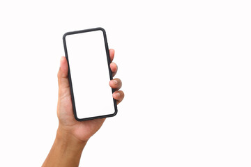 Man's hand holding the black smartphone with blank screen and modern frameless design. Isolated on white background.