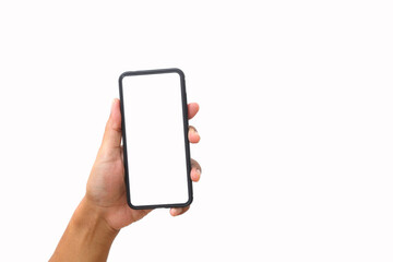 Man's hand holding the black smartphone with blank screen and modern frameless design. Isolated on white background.