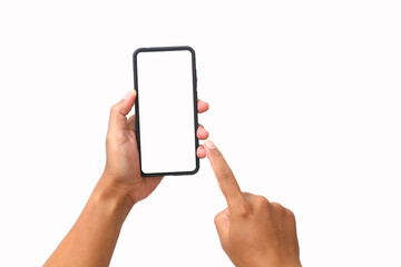 Man's hand holding the black smartphone with blank screen and modern frameless design. Isolated on white background.