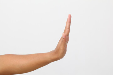 Man's hand with stop gesture. Isolated on white background