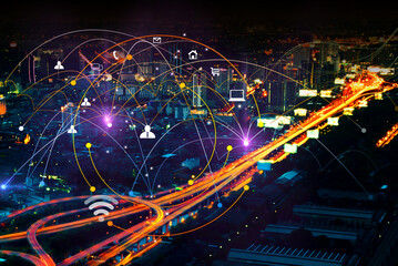 Wireless network smart city night scene and gradient line, wave line with icon design - Networks and augmented reality concept