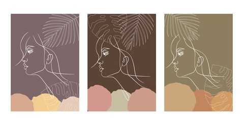 Fototapeta na wymiar Vector set of abstract creative backgrounds in minimal trendy style with women face portrait with tropical leaves and copy space. design templates for social media stories