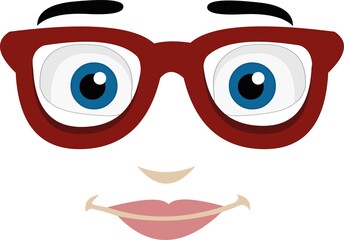 Vector illustration of a blue-eyed woman's face with red glasses and her mouth