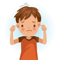 Fototapeta premium Little boy not listen, red shirt. Are doing gestures. Frustrated, displeased, face sullen with bad emotions. Cartoon character