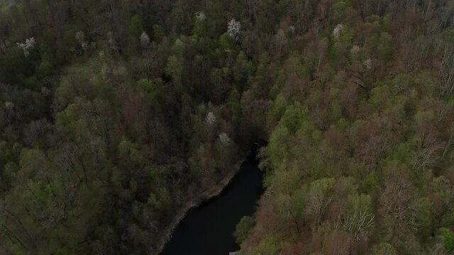 Black Lake surrounded by forest, Sovata in Romania. Aerial panoramic view