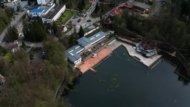 Aerial View Of Spa Resort Close On Bear Lake Close Due To COVID-19 Pandemic In Sovata, Romania