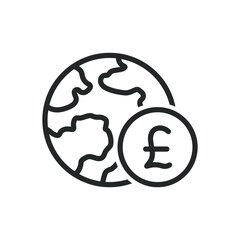 Global finance line icon. Pound money sign with earth globe isolated on white background. Vector illustration