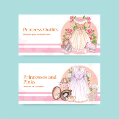 Twitter template with princess outfit concept ,watercolor style