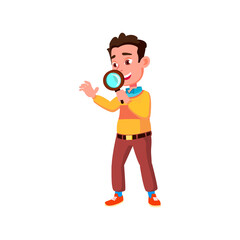 smiling boy researching insects with magnifier cartoon vector. smiling boy researching insects with magnifier character. isolated flat cartoon illustration