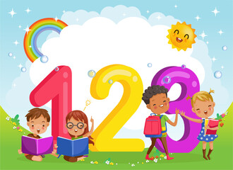 Children with friends and 123 numbers, Design of figures and children's cartoon characters.Vector Illustration Isolated on the background of the sky, the sun and the rainbow across the clouds.	
