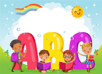 Obraz na płótnie Canvas Kids with friends and abc letters. Design of figures and children's cartoon characters.Vector Illustration Isolated on the background of the sky, the sun and the rainbow across the clouds. 