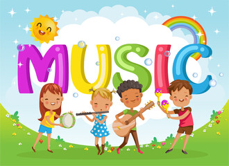 Kids with friends and music letters. Design of figures and children's cartoon characters.Vector Illustration Isolated on the background of the sky, the sun and the rainbow across the clouds.	