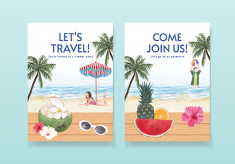 Card template with summer vibes concept,watercolor style