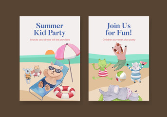 Card template with animals summer concept,watercolor style