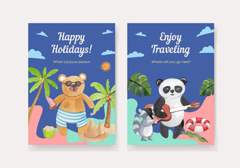 Card template with animals summer concept,watercolor style