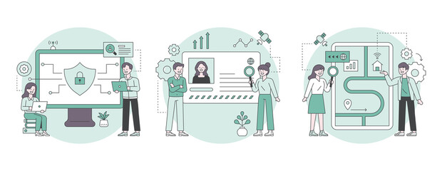 Business marketing illustration.  Security expert, headhunting, map search. flat design style minimal vector illustration.