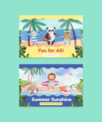 Facebook template with animals summer concept,watercolor style