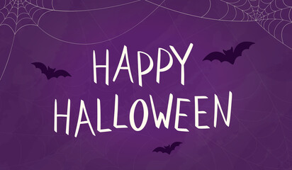 Happy halloween lettering on a purple won. Vector illustration of a halloween banner in cartoon style. Cobwebs and bats
