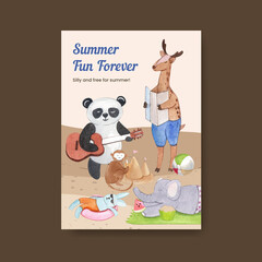 Poster template with animals summer concept,watercolor style