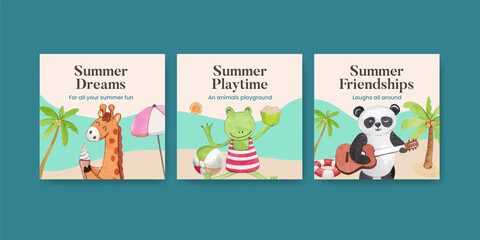 Banner template with animals summer concept,watercolor style