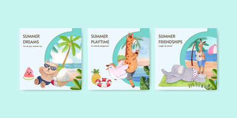 Banner template with animals summer concept,watercolor style