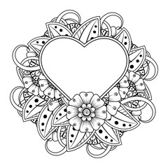 Mehndi flower with frame in shape of heart for henna, mehndi, tattoo, decoration. decorative ornament in ethnic oriental style. doodle ornament. coloring book page.